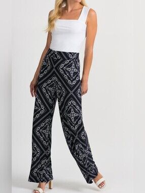 Joseph Ribkoff Navy Blue & White Wide-Leg Scarff Patterned Palazzo Pants Size 16